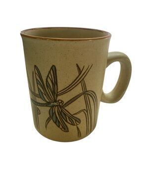 Vintage Stoneware Blue Dragonfly Ceramic Coffee Mug Beige with Blue Accent
